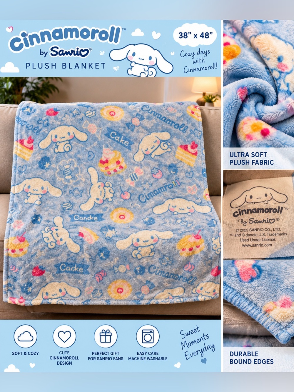 Sanrio Cinnamoroll Plush Throw Blanket in Light Blue with Pink 38” x 48”